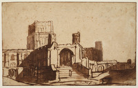 O+ 062b
<br/>
De kathedraal van St. Albans, gezien vanuit het zuiden
<br/>
<em>Rembrandt (1606-1669) - toegeschreven aan</em>